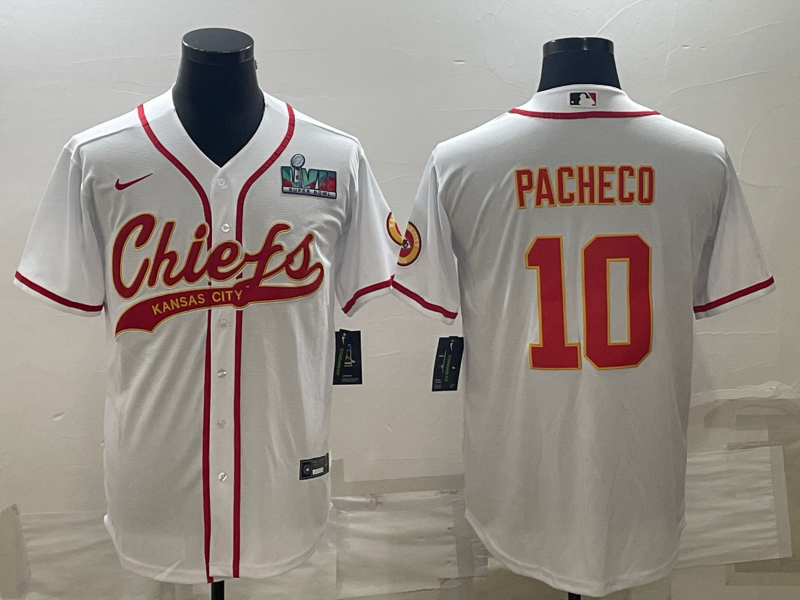 Men's Kansas City Chiefs #10 Isiah Pacheco White With Super Bowl LVII Patch Cool Base Stitched Baseball Jersey Men's Kansas City Chiefs #10 Isiah Pacheco White With Super Bowl LVII Patch Cool Base Stitched Baseball Jersey